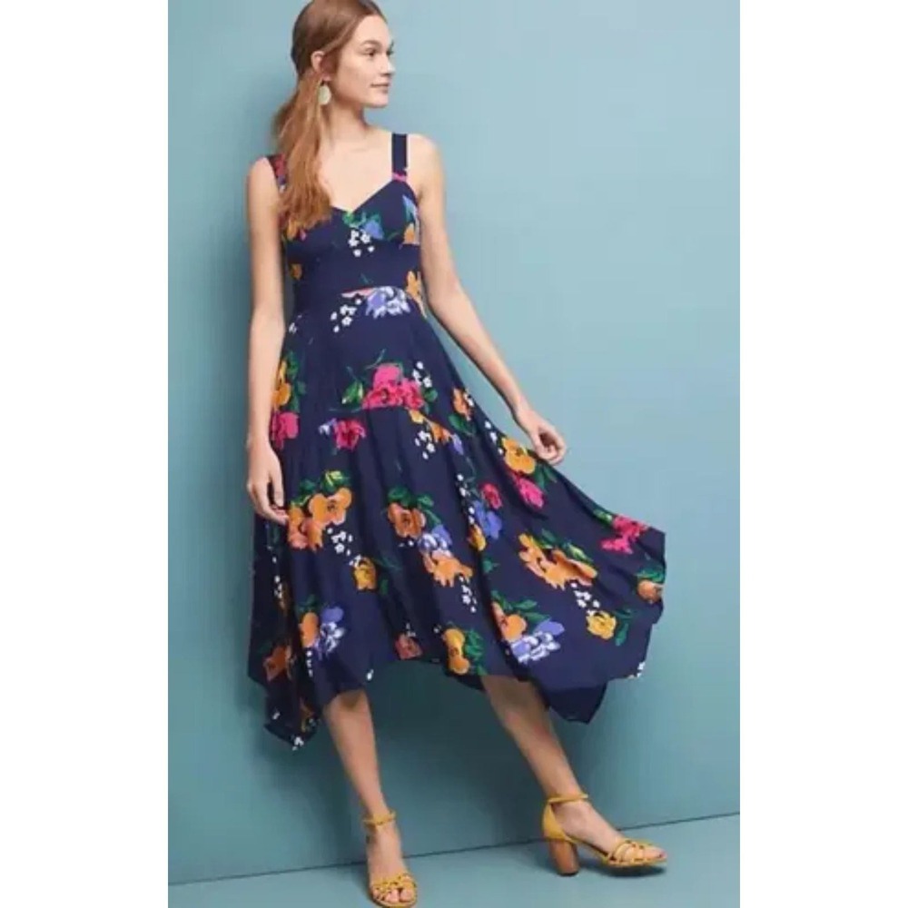 Maeve Anthropologie Midi Dress Womens 2 Navy Floral Handkerchief Hem Sundress